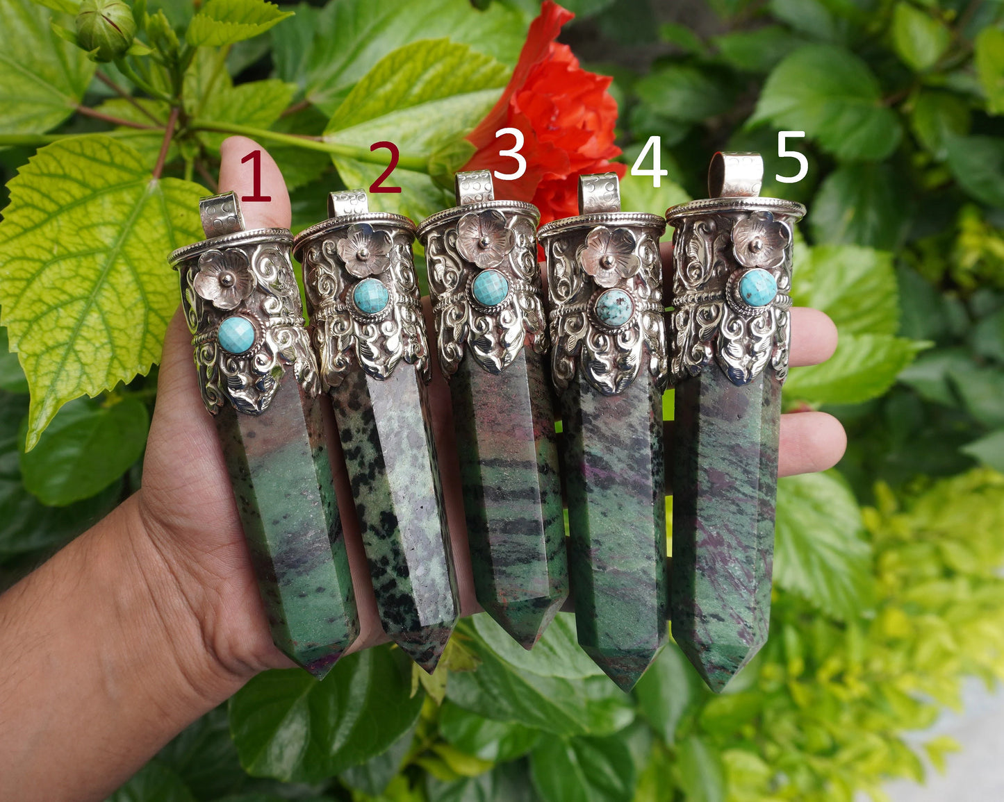 Natural African Ruby Zoisite Stone Pendant with Tibetan Silver Details and Turquoise highlight, Aesthetic Point, Unique Natural Gemstone.