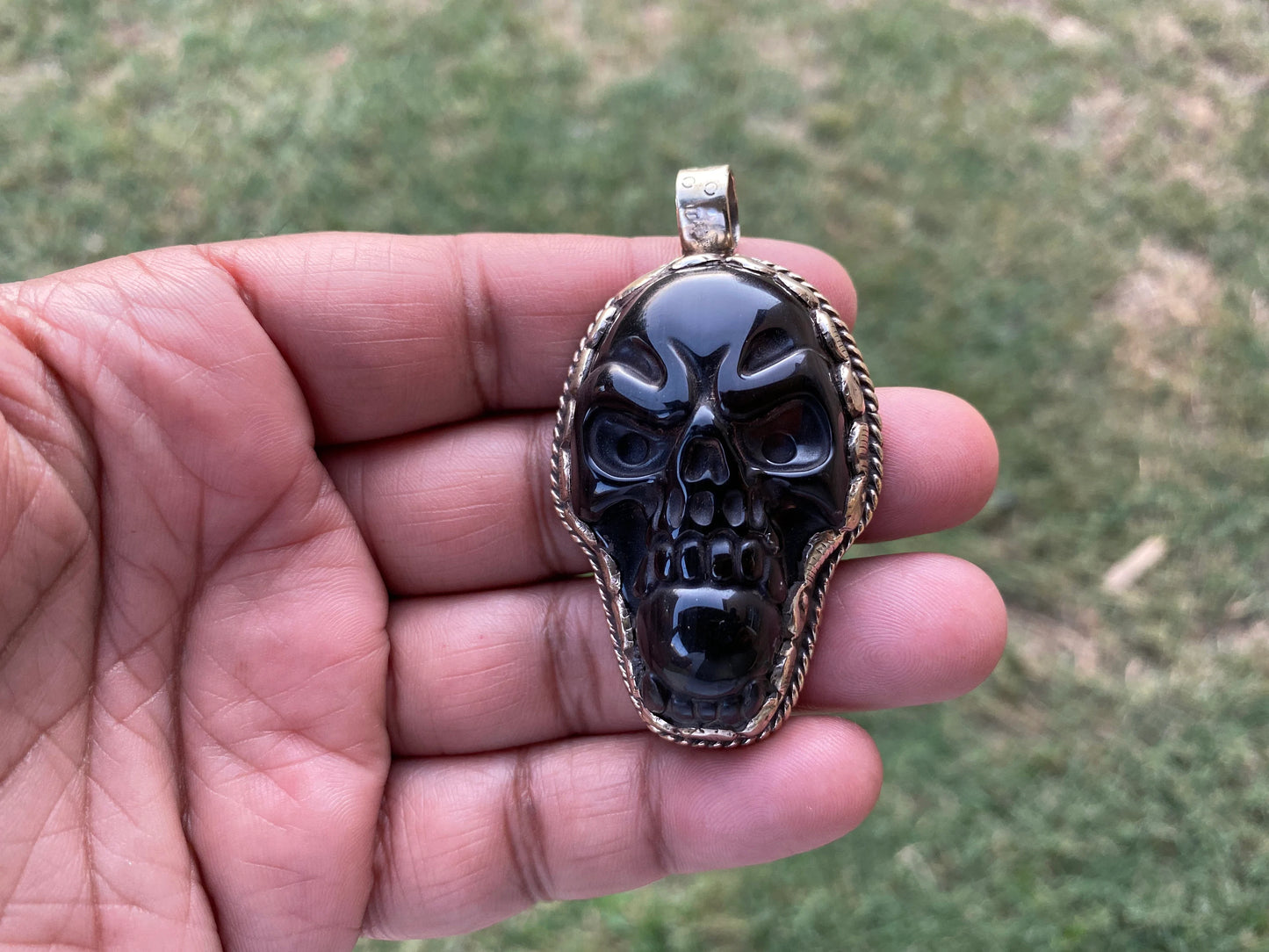 Natural Black Obsidian Skull Tibetan Silver Pendant, Healing Crystal pendant, Men's or Women Jewelry, Natural Stone Skull, Gemstone Skull