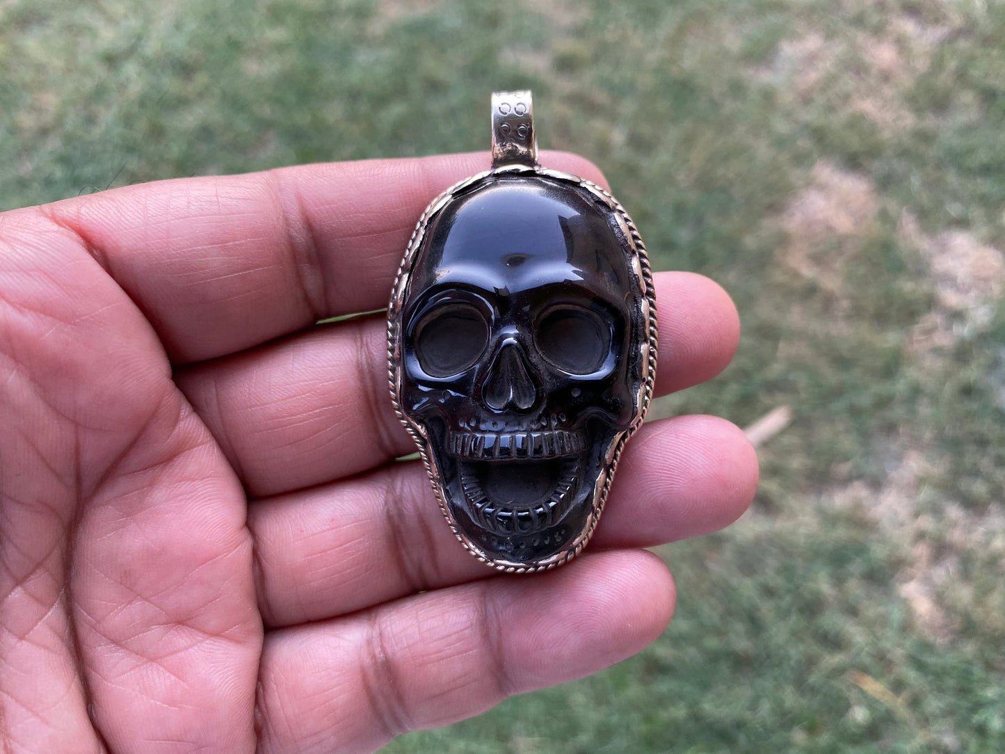 Natural Black Obsidian Skull Tibetan Silver Pendant, Healing Crystal pendant, Men's or Women Jewelry, Natural Stone Skull, Gemstone Skull