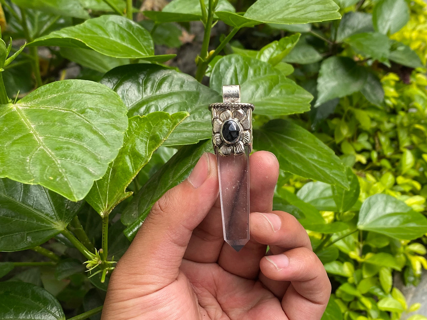 Natural Crystal Pointed Pendant, Crystal pendant for Daily wear, Tibetan Silver Pendant, Natural Gemstone Pendant, Black onyx Pendant.