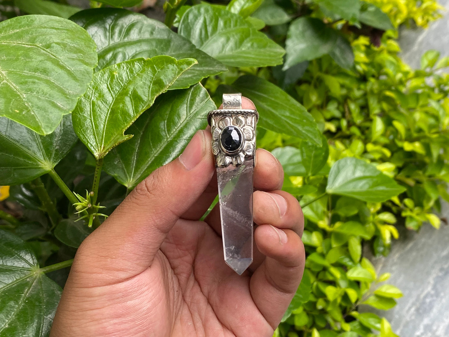 Natural Crystal Pointed Pendant, Crystal pendant for Daily wear, Tibetan Silver Pendant, Natural Gemstone Pendant, Black onyx Pendant.