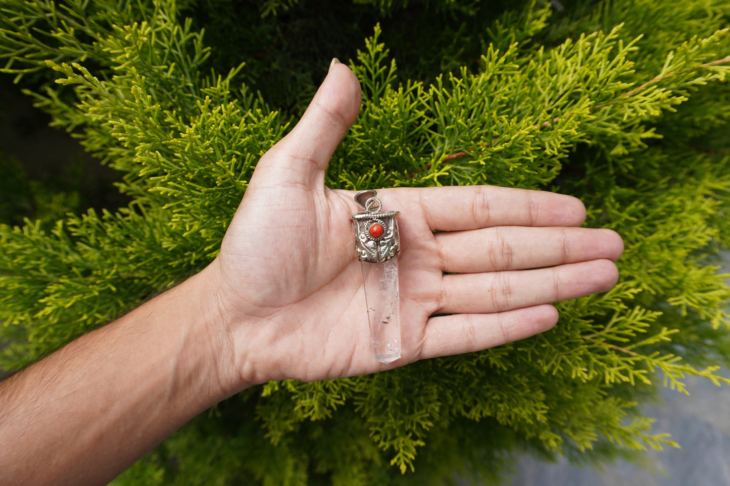 Natural Crystal with Red Coral Tibetan Silver Pendant | Nature Inspired Jewlery, Unisex pointed Pendant for Daily wear, Jewlery Gift