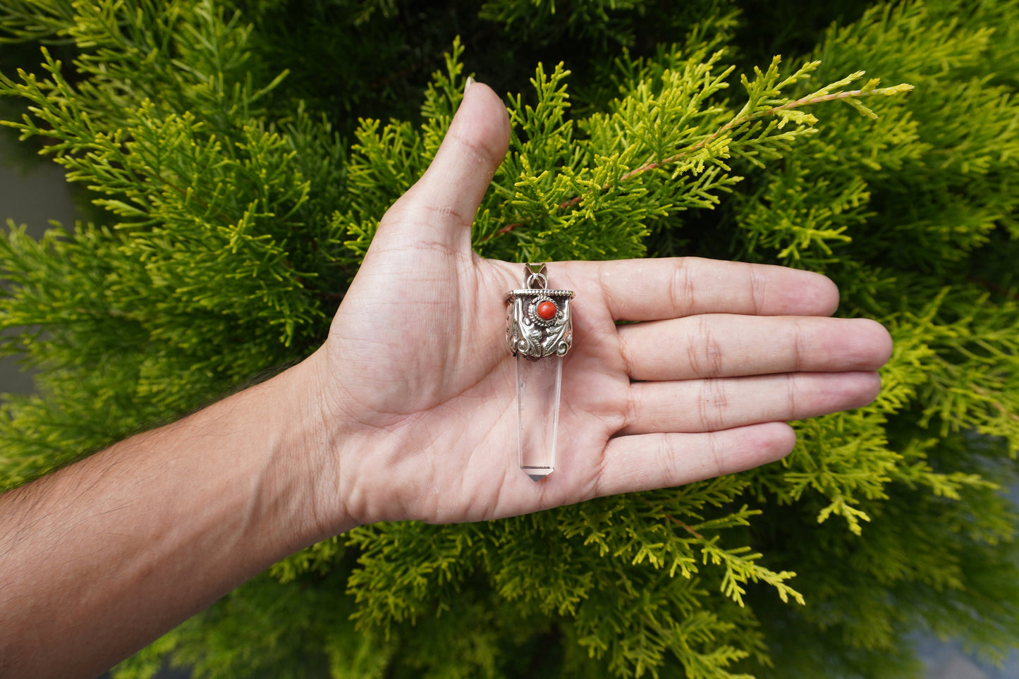 Natural Crystal with Red Coral Tibetan Silver Pendant | Nature Inspired Jewlery, Unisex pointed Pendant for Daily wear, Jewlery Gift