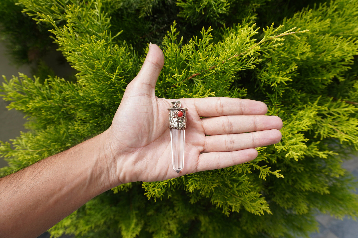 Natural Crystal with Red Coral Tibetan Silver Pendant | Nature Inspired Jewlery, Unisex pointed Pendant for Daily wear, Jewlery Gift
