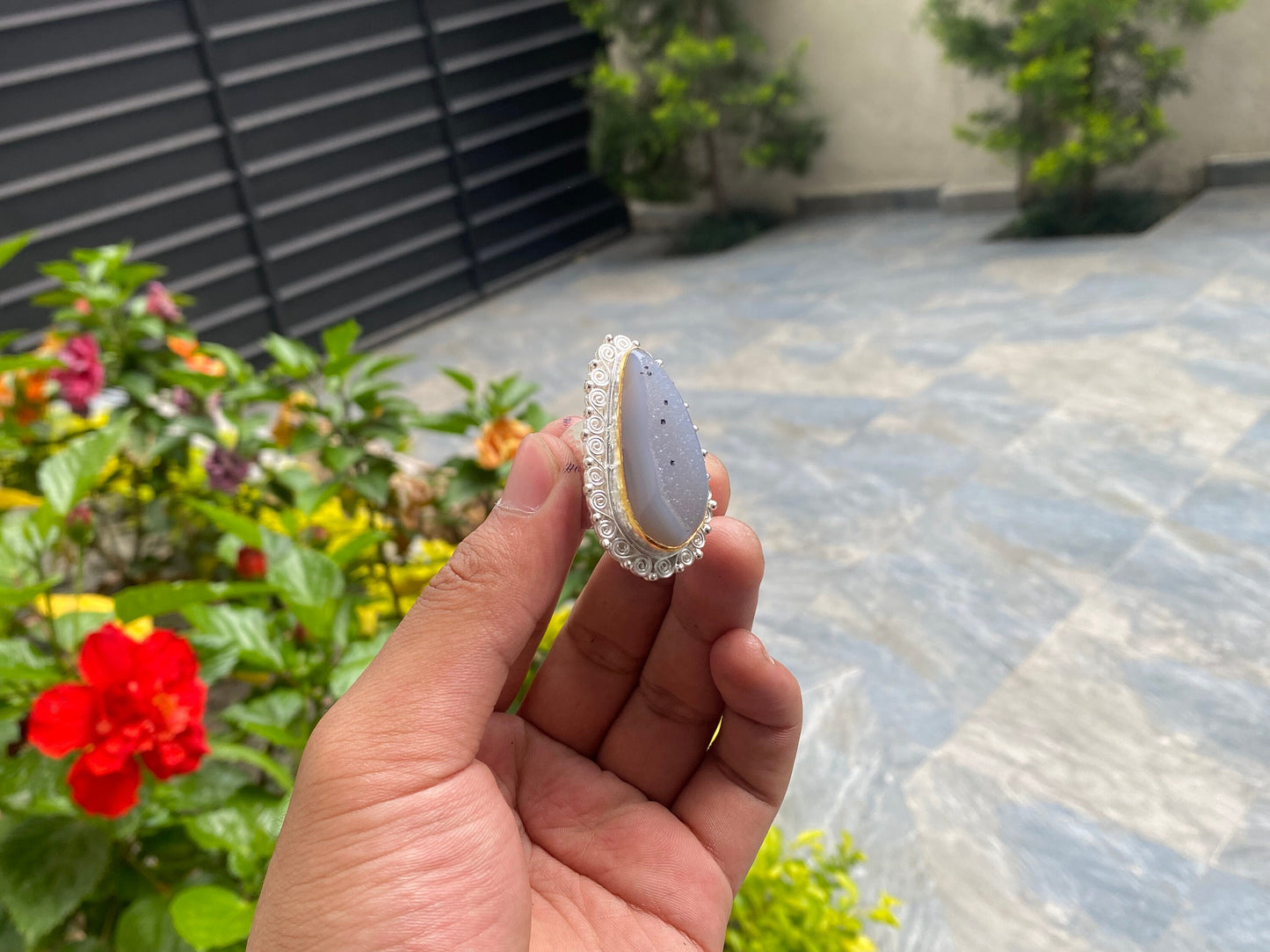 Natural Druzy Agate Two Tone Ring, Handmade Adjustable Ring, Unisex Ring.