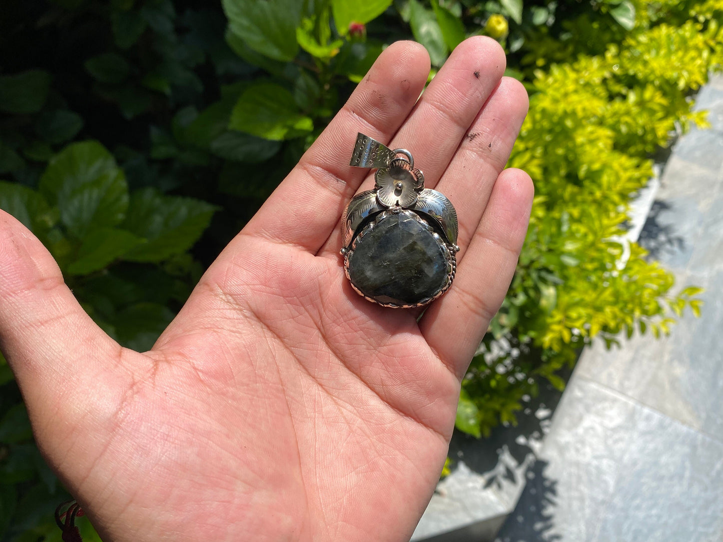 Natural Labradorite Pendant adorned with Tibetan Silver details, Floral Themed Pendant, Unisex pendant for fashion lovers, Bohemian pendant.