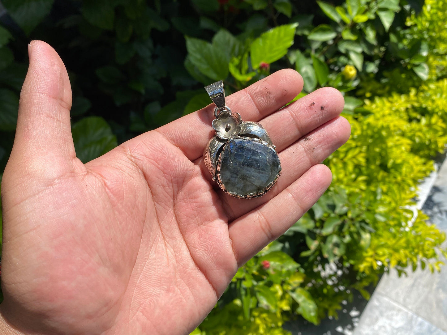 Natural Labradorite Pendant adorned with Tibetan Silver details, Floral Themed Pendant, Unisex pendant for fashion lovers, Bohemian pendant.