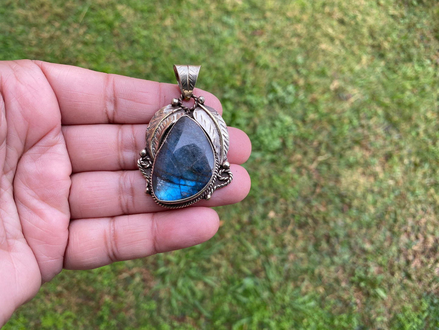 Natural Labradorite Tibetan Silver Pendant with Gemstone, Healing Crystal, Women Jewelry, Birthstone, Ethnic Jewelry, Natural Stone Pendant