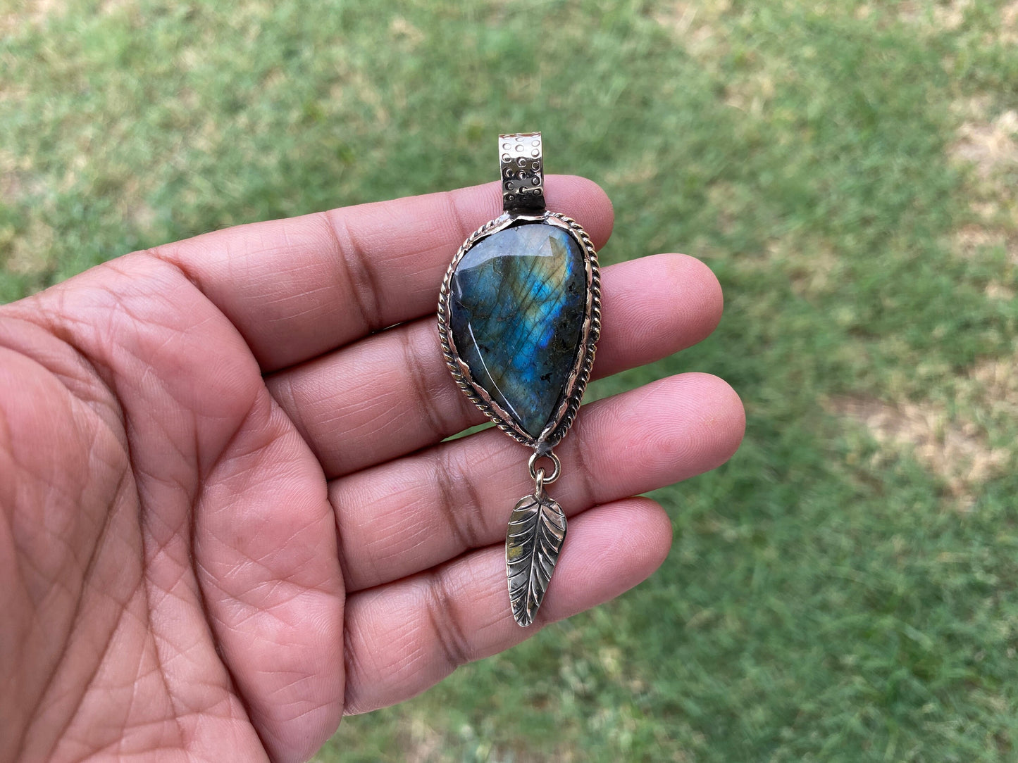 Natural Labradorite Tibetan Silver Pendant with White Topaz Gemstone, Healing Crystal, Women's Jewelry, Birthstone Pendant, Natural Stone