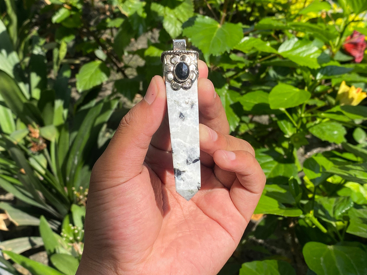 Natural Moonstone Pendant, Pointed Pendant, Handmade Unisex Pendant, Onyx and Coral adorned Pendant, Healing pendant, Daily wear pendant.