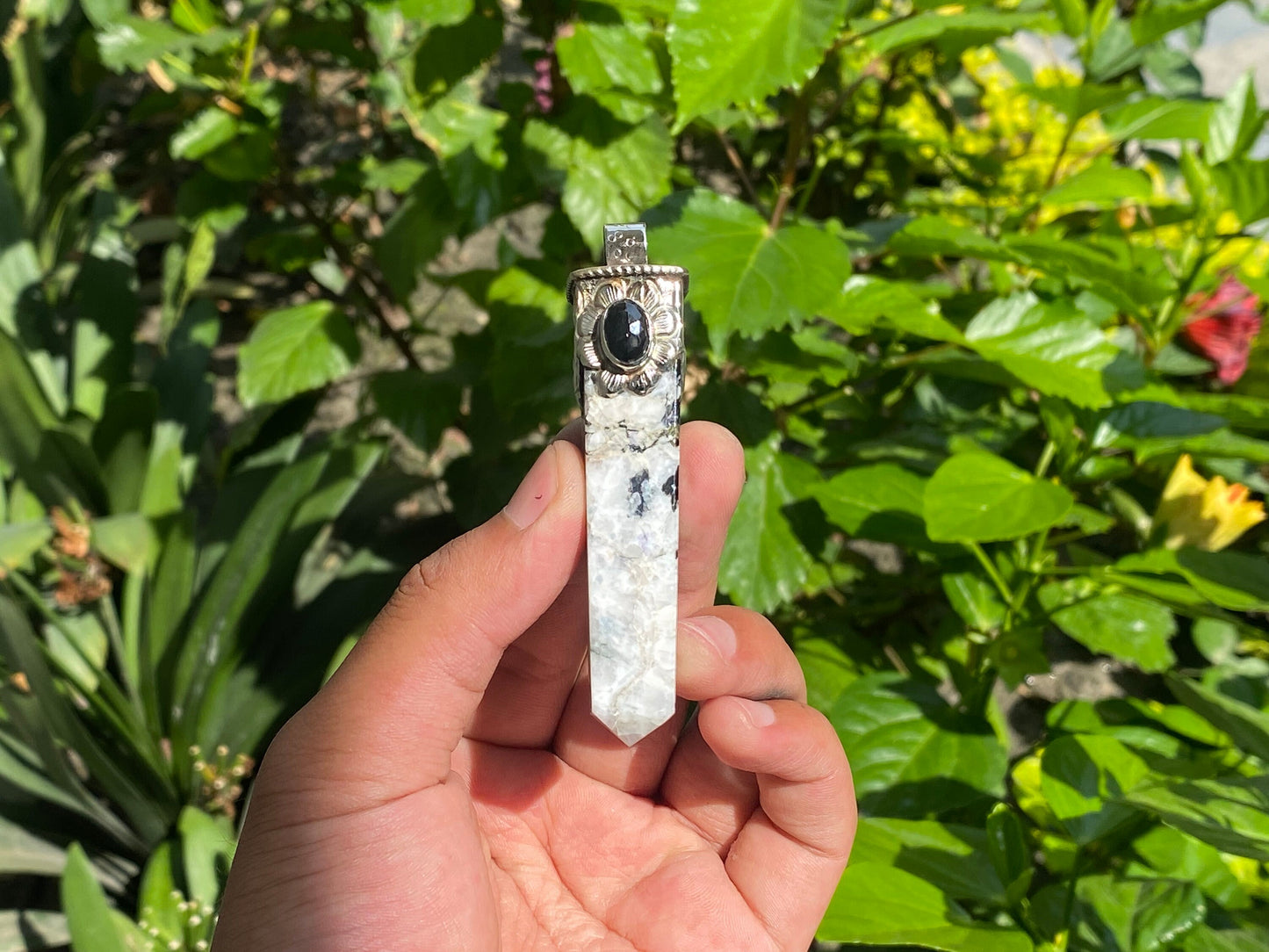 Natural Moonstone Pendant, Pointed Pendant, Handmade Unisex Pendant, Onyx and Coral adorned Pendant, Healing pendant, Daily wear pendant.