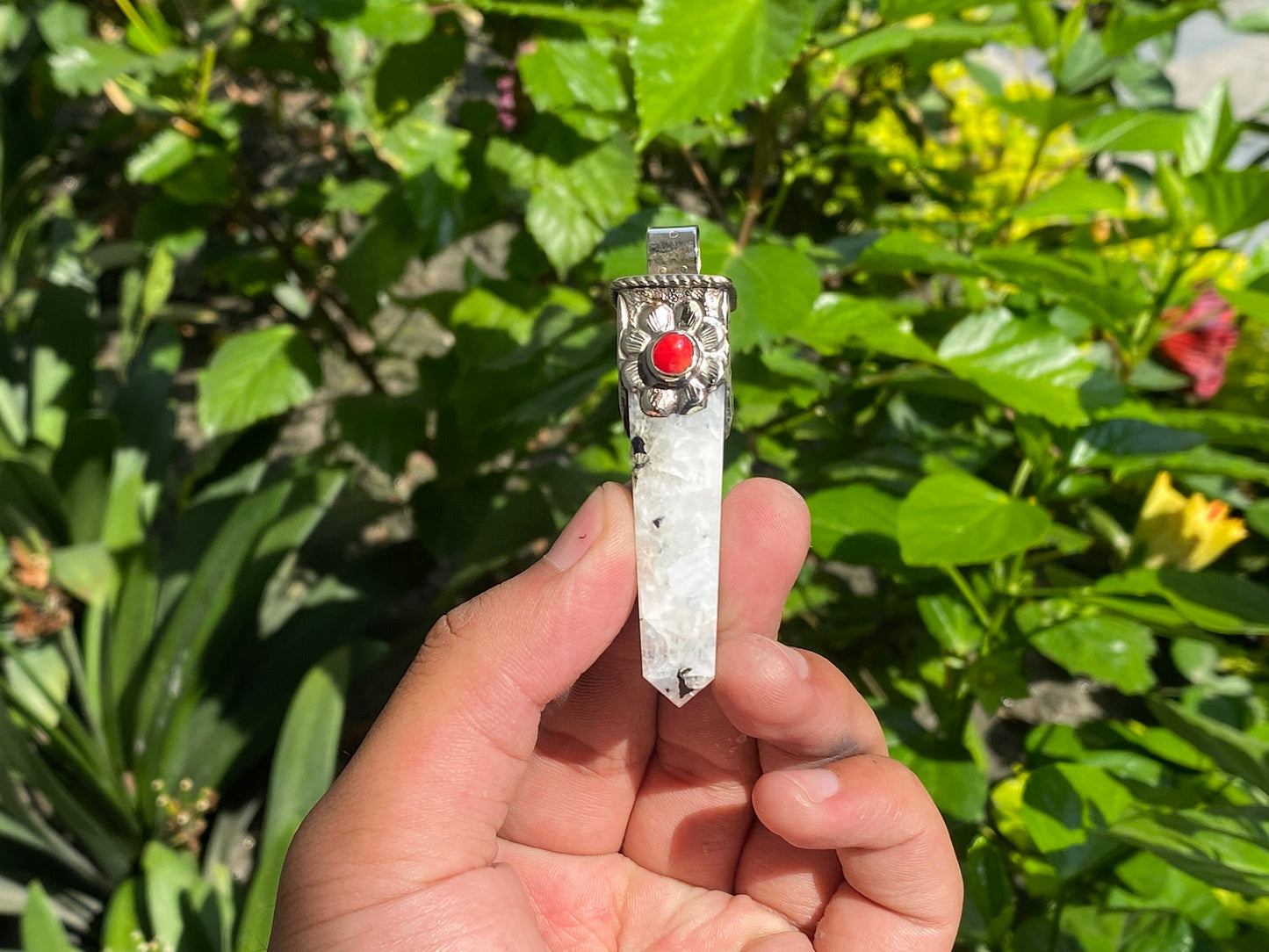 Natural Moonstone Pendant, Pointed Pendant, Handmade Unisex Pendant, Onyx and Coral adorned Pendant, Healing pendant, Daily wear pendant.