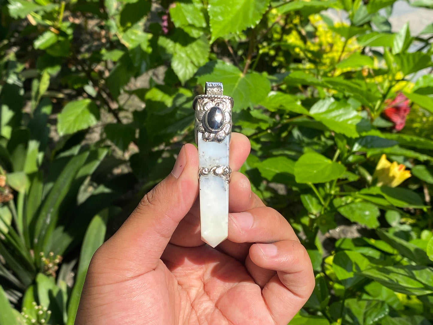 Natural Moonstone Pendant, Pointed Pendant, Handmade Unisex Pendant, Onyx and Coral adorned Pendant, Healing pendant, Daily wear pendant.