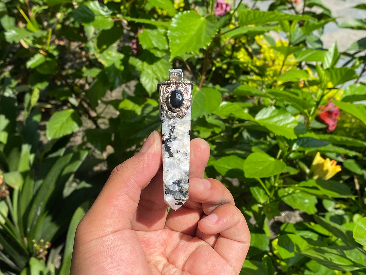 Natural Moonstone Pendant, Pointed Pendant, Handmade Unisex Pendant, Onyx and Coral adorned Pendant, Healing pendant, Daily wear pendant.