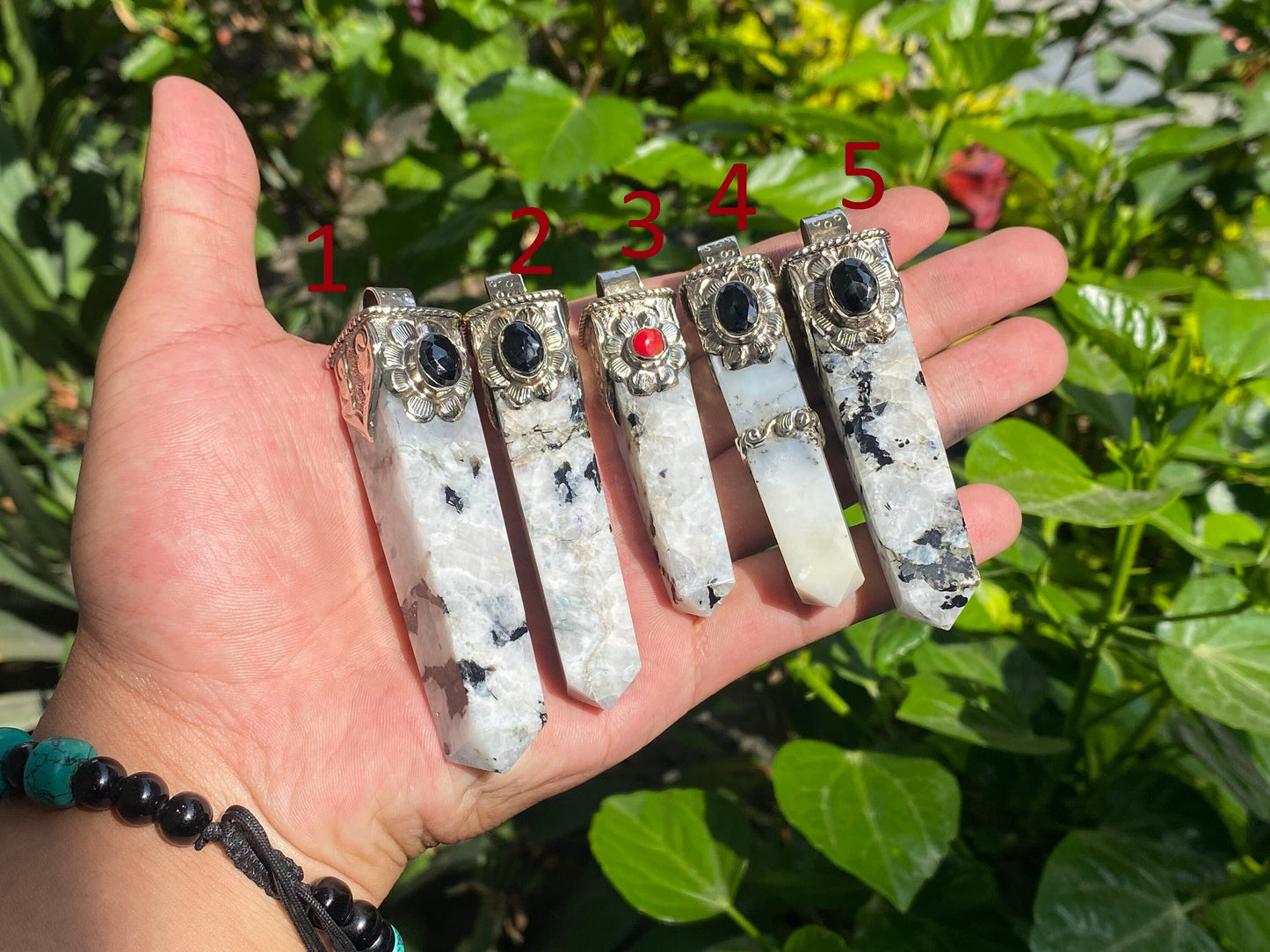Natural Moonstone Pendant, Pointed Pendant, Handmade Unisex Pendant, Onyx and Coral adorned Pendant, Healing pendant, Daily wear pendant.
