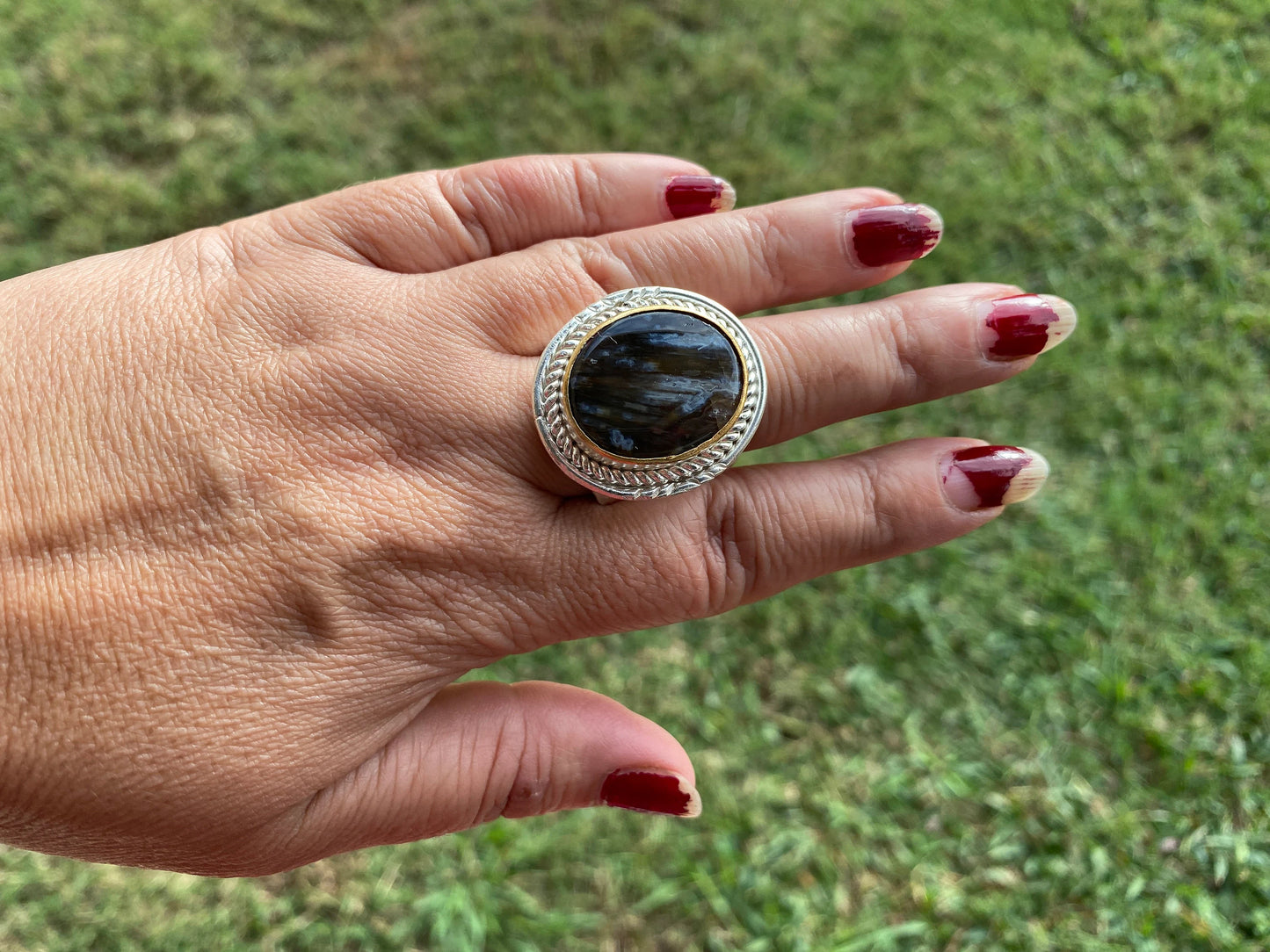 Natural Pietersite Adjustable Two Tone Ring, Gold with Silver Overlay, Fashion Ring, Unique Jewelry, Gemstone Ring, Elegant jewelry