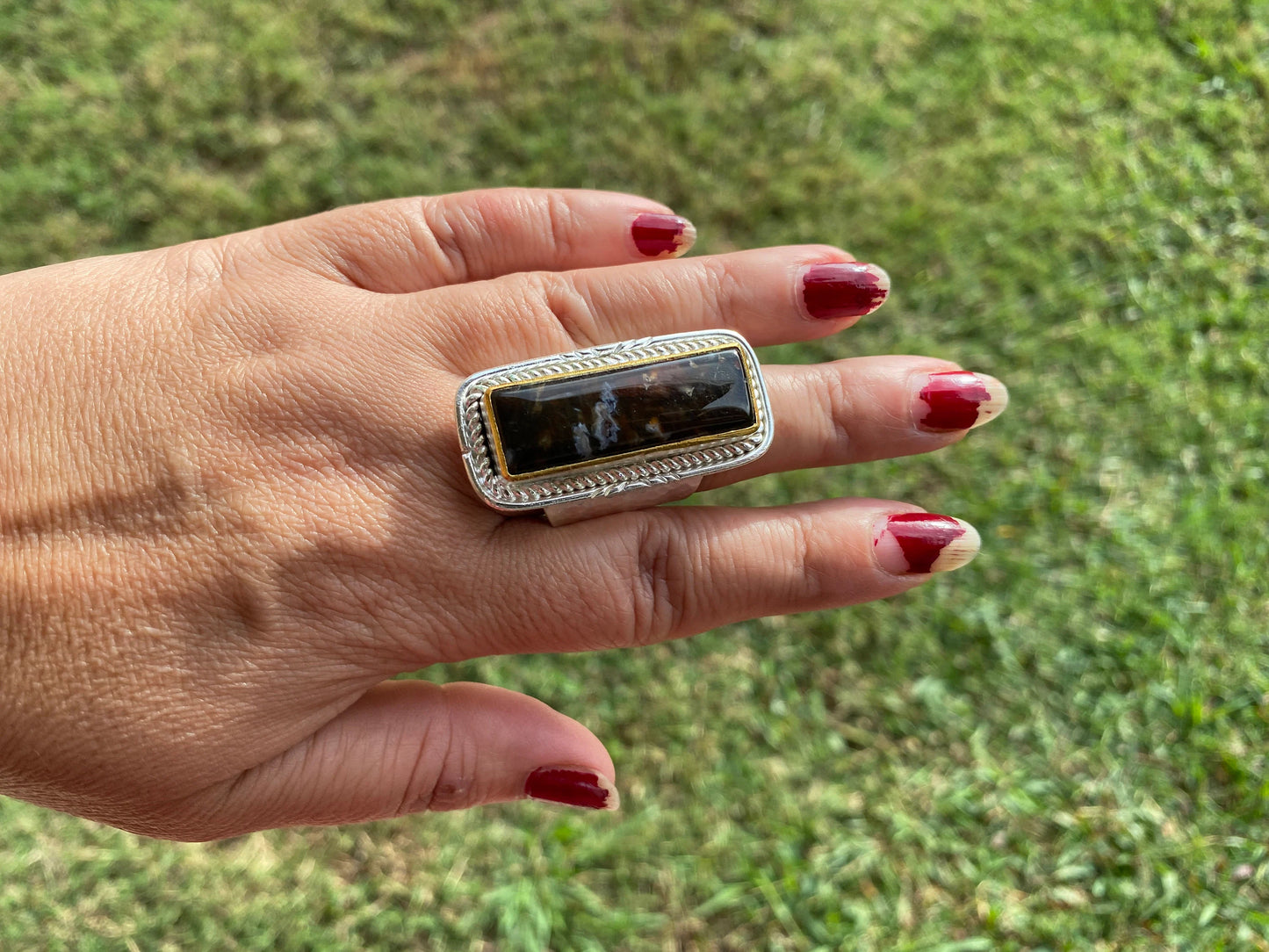 Natural Pietersite Adjustable Two Tone Ring, Gold with Silver Overlay, Fashion Ring, Unique Jewelry, Gemstone Ring, Elegant jewelry