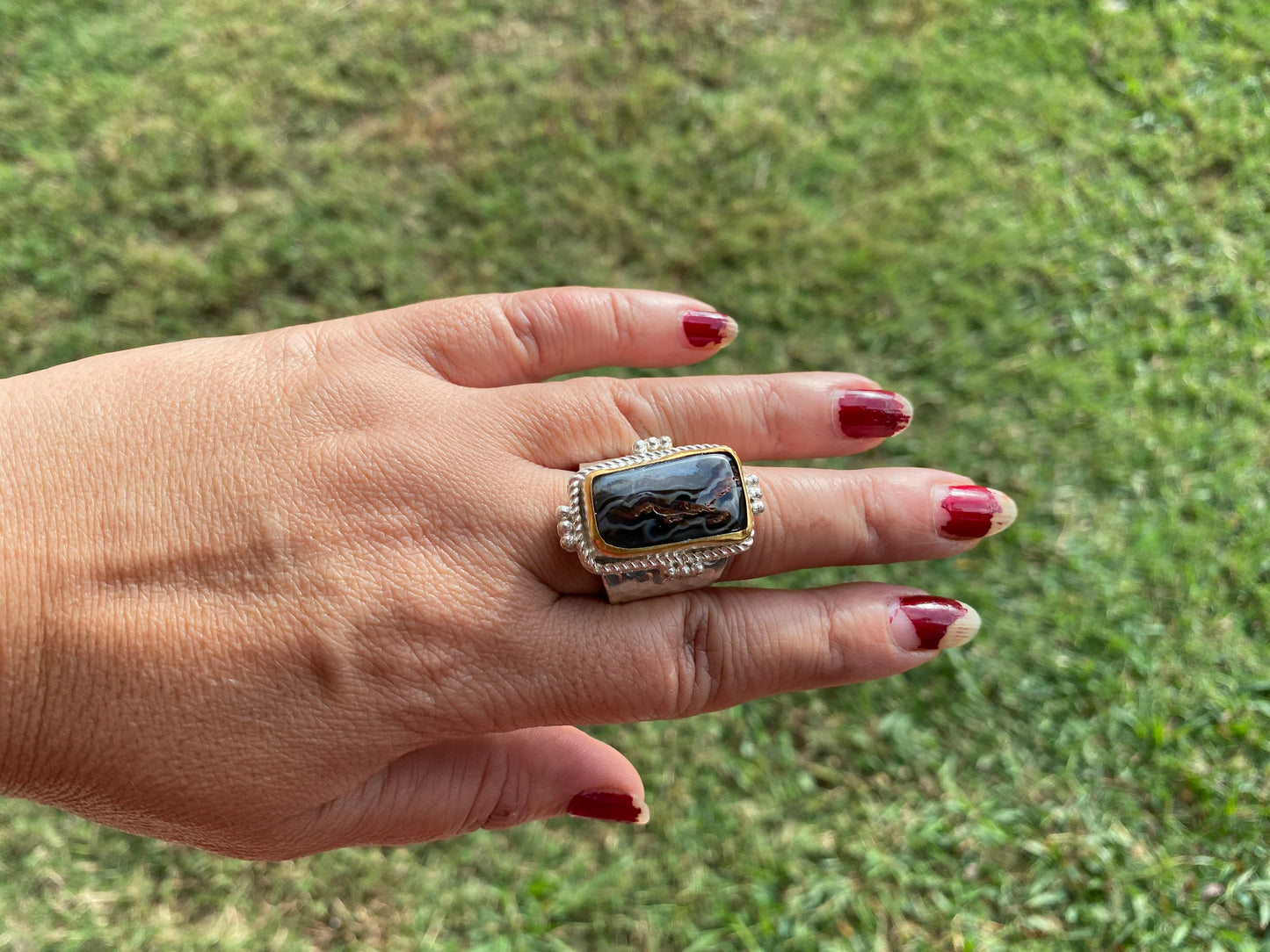 Natural Pietersite Adjustable Two Tone Ring, Gold with Silver Overlay, Fashion Ring, Unique Jewelry, Gemstone Ring, Elegant jewelry