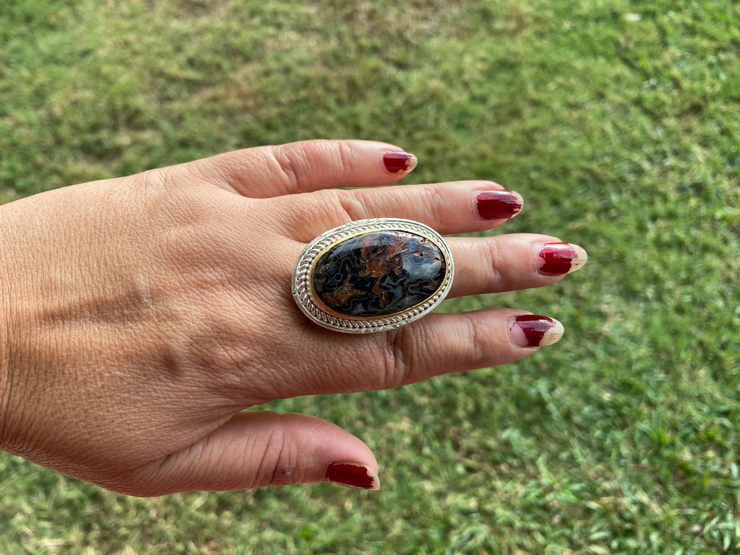 Natural Pietersite Adjustable Two Tone Ring, Gold with Silver Overlay, Fashion Ring, Unique Jewelry, Gemstone Ring, Elegant jewelry