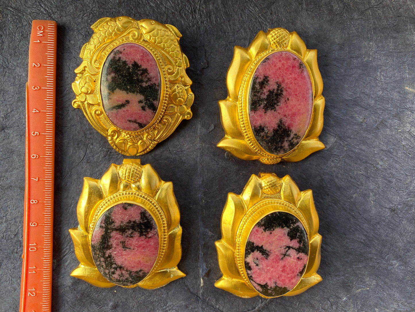 Natural Pink & Black Rhodonite Pendant, High Quality 18K Brushed Gold Overlay, Non Tarnish Jewelry, Women's Jewelry, Healing Crystal