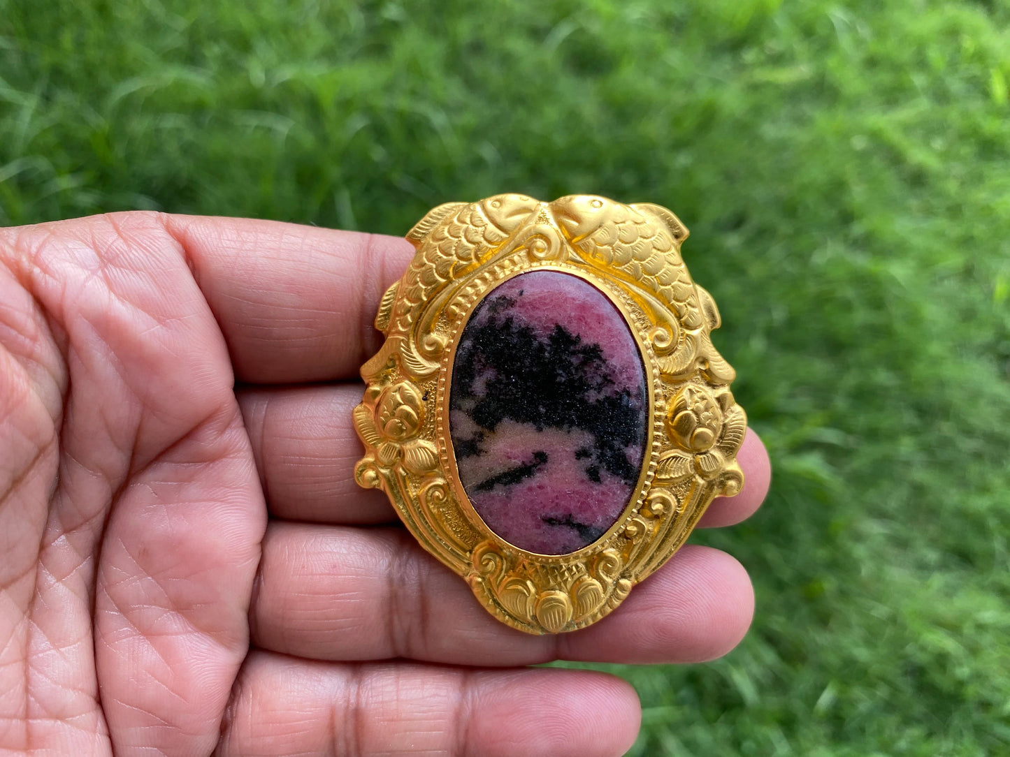 Natural Pink & Black Rhodonite Pendant, High Quality 18K Brushed Gold Overlay, Non Tarnish Jewelry, Women's Jewelry, Healing Crystal