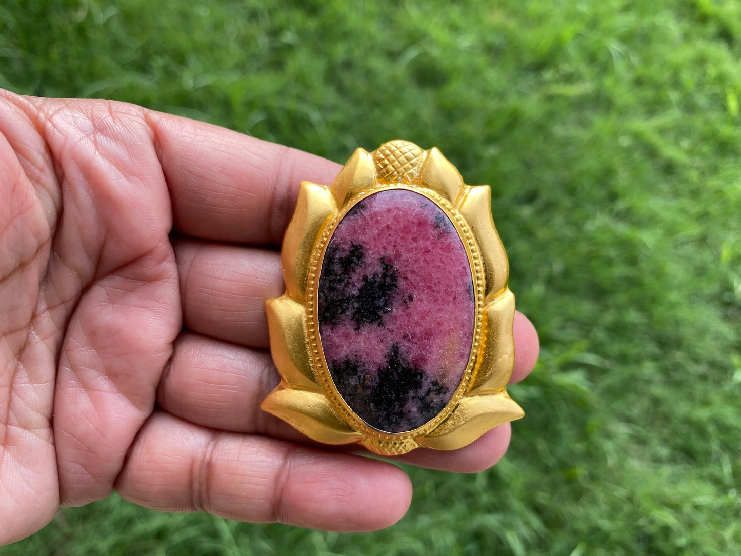 Natural Pink & Black Rhodonite Pendant, High Quality 18K Brushed Gold Overlay, Non Tarnish Jewelry, Women's Jewelry, Healing Crystal