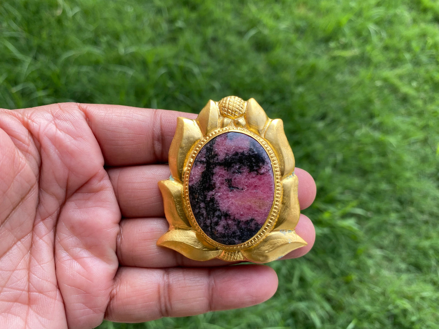 Natural Pink & Black Rhodonite Pendant, High Quality 18K Brushed Gold Overlay, Non Tarnish Jewelry, Women's Jewelry, Healing Crystal