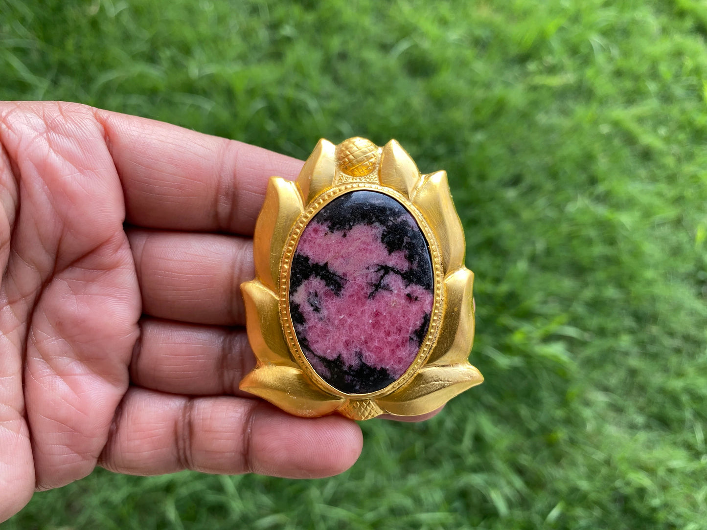 Natural Pink & Black Rhodonite Pendant, High Quality 18K Brushed Gold Overlay, Non Tarnish Jewelry, Women's Jewelry, Healing Crystal