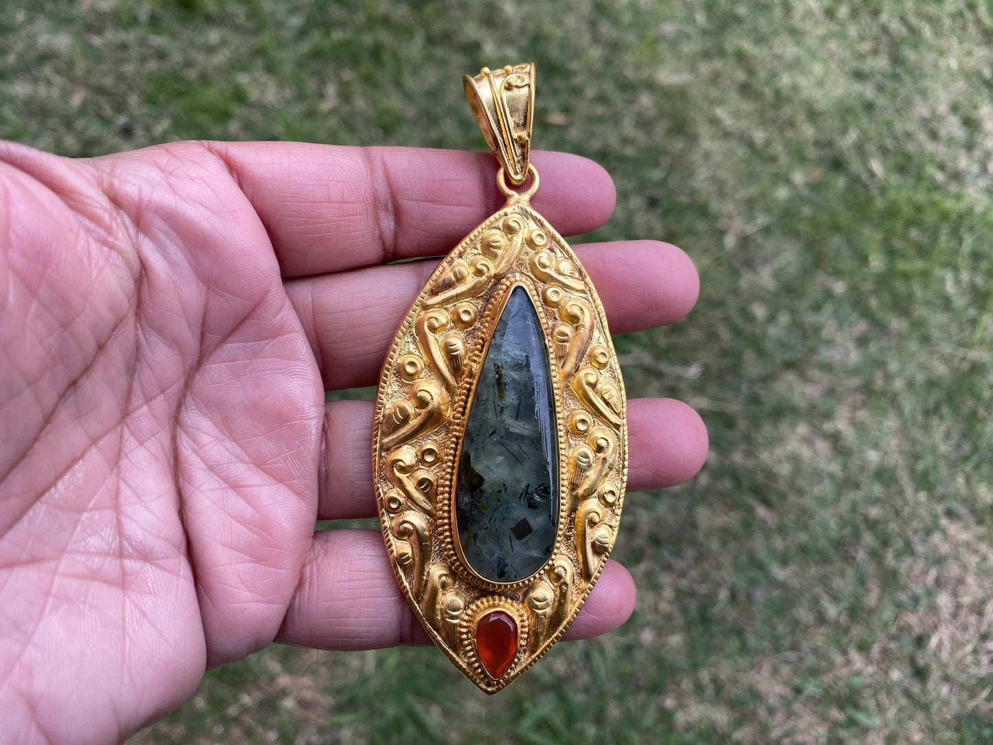 Natural Prehnite with Carnelian or Lemon Topaz Gemstone Pendant, Non Tarnish Brushed Gold Overlay, Elegant Jewelry, Luxury Gold Jewelry