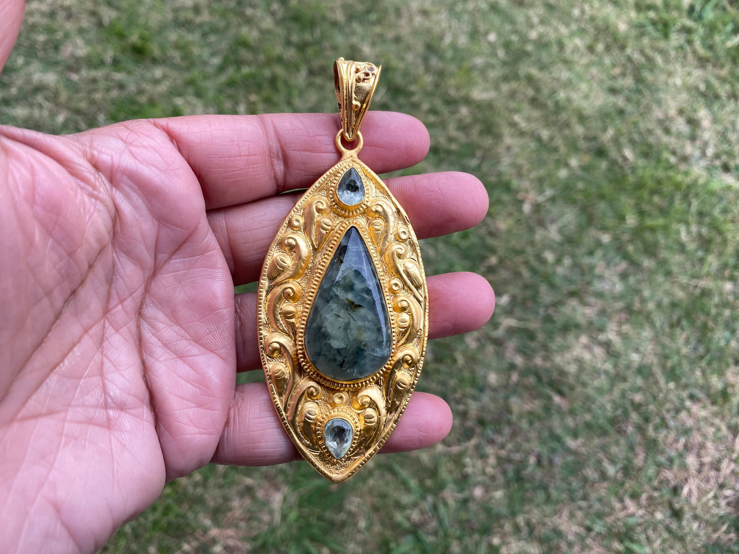 Natural Prehnite with Carnelian or Lemon Topaz Gemstone Pendant, Non Tarnish Brushed Gold Overlay, Elegant Jewelry, Luxury Gold Jewelry