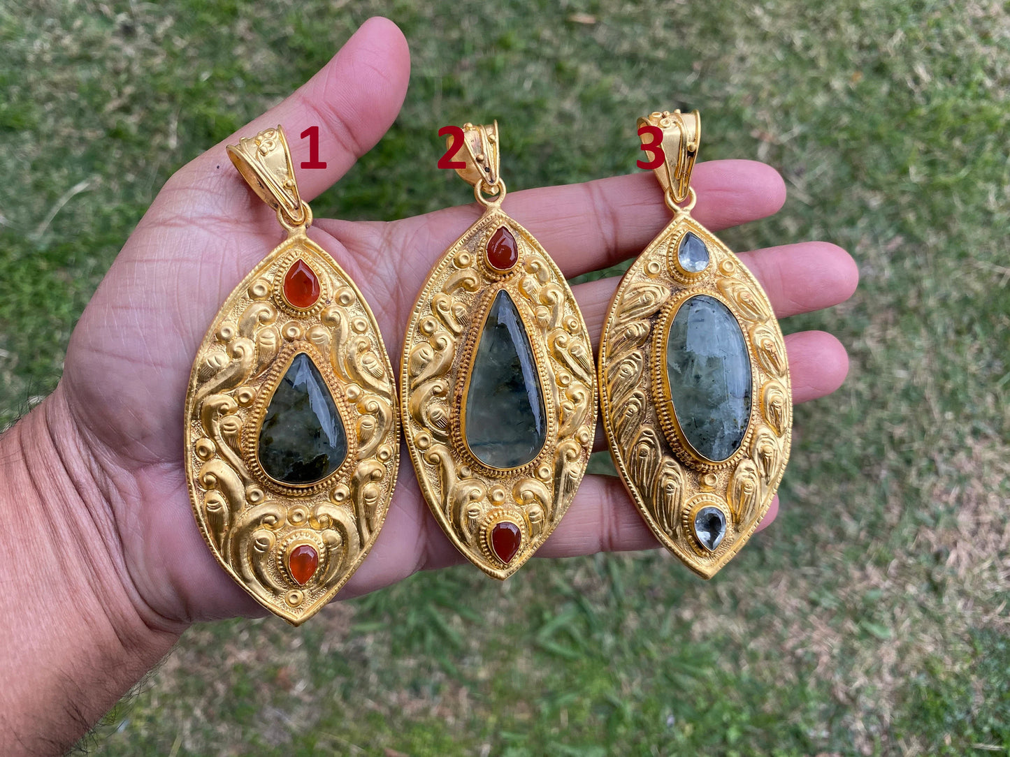 Natural Prehnite with Carnelian or Lemon Topaz Gemstone Pendant, Non Tarnish Brushed Gold Overlay, Elegant Jewelry, Luxury Gold Jewelry