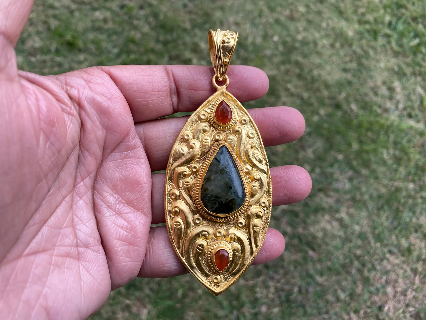 Natural Prehnite with Carnelian or Lemon Topaz Gemstone Pendant, Non Tarnish Brushed Gold Overlay, Elegant Jewelry, Luxury Gold Jewelry