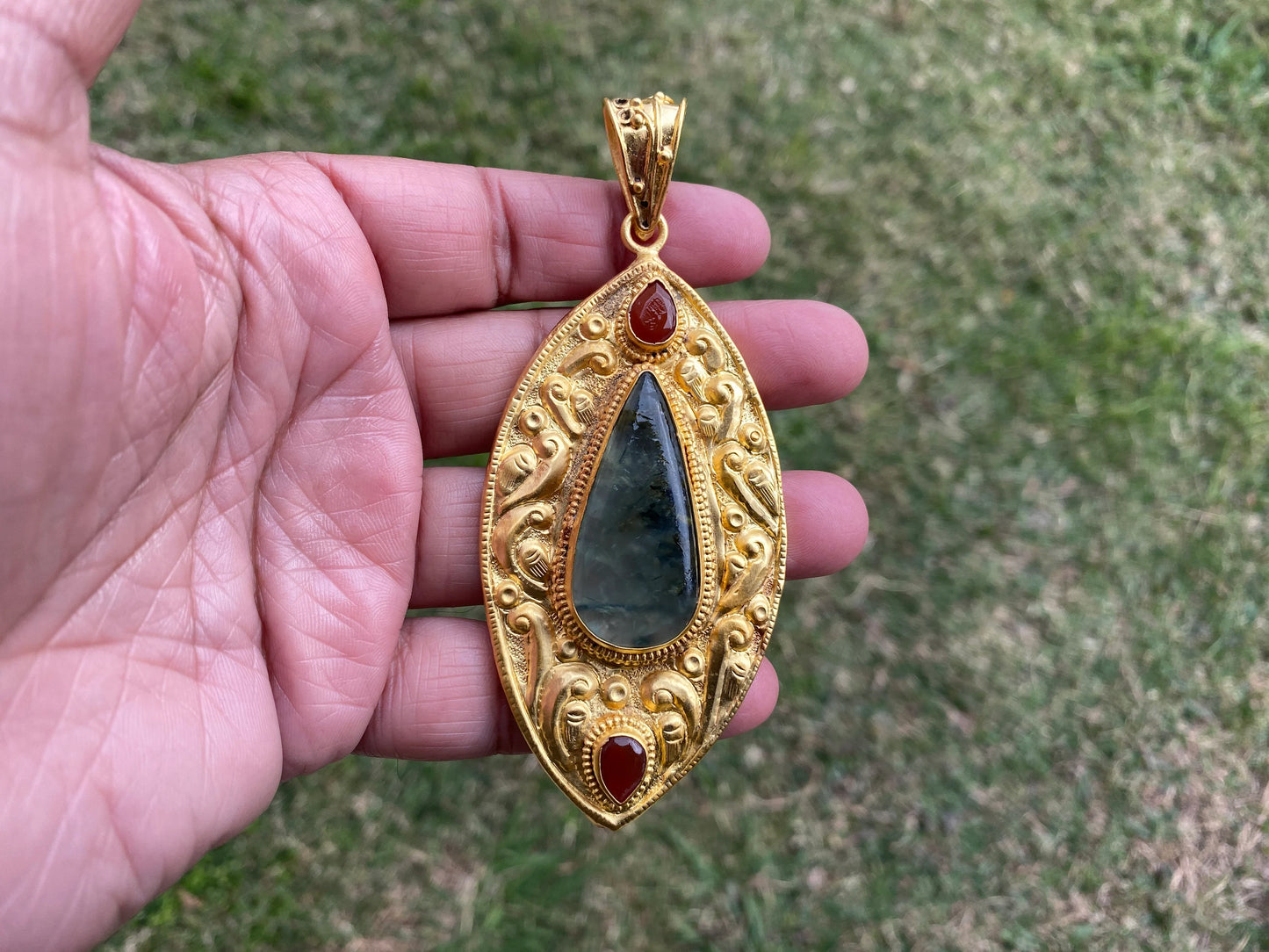 Natural Prehnite with Carnelian or Lemon Topaz Gemstone Pendant, Non Tarnish Brushed Gold Overlay, Elegant Jewelry, Luxury Gold Jewelry