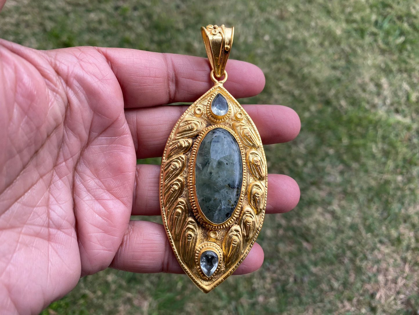 Natural Prehnite with Carnelian or Lemon Topaz Gemstone Pendant, Non Tarnish Brushed Gold Overlay, Elegant Jewelry, Luxury Gold Jewelry