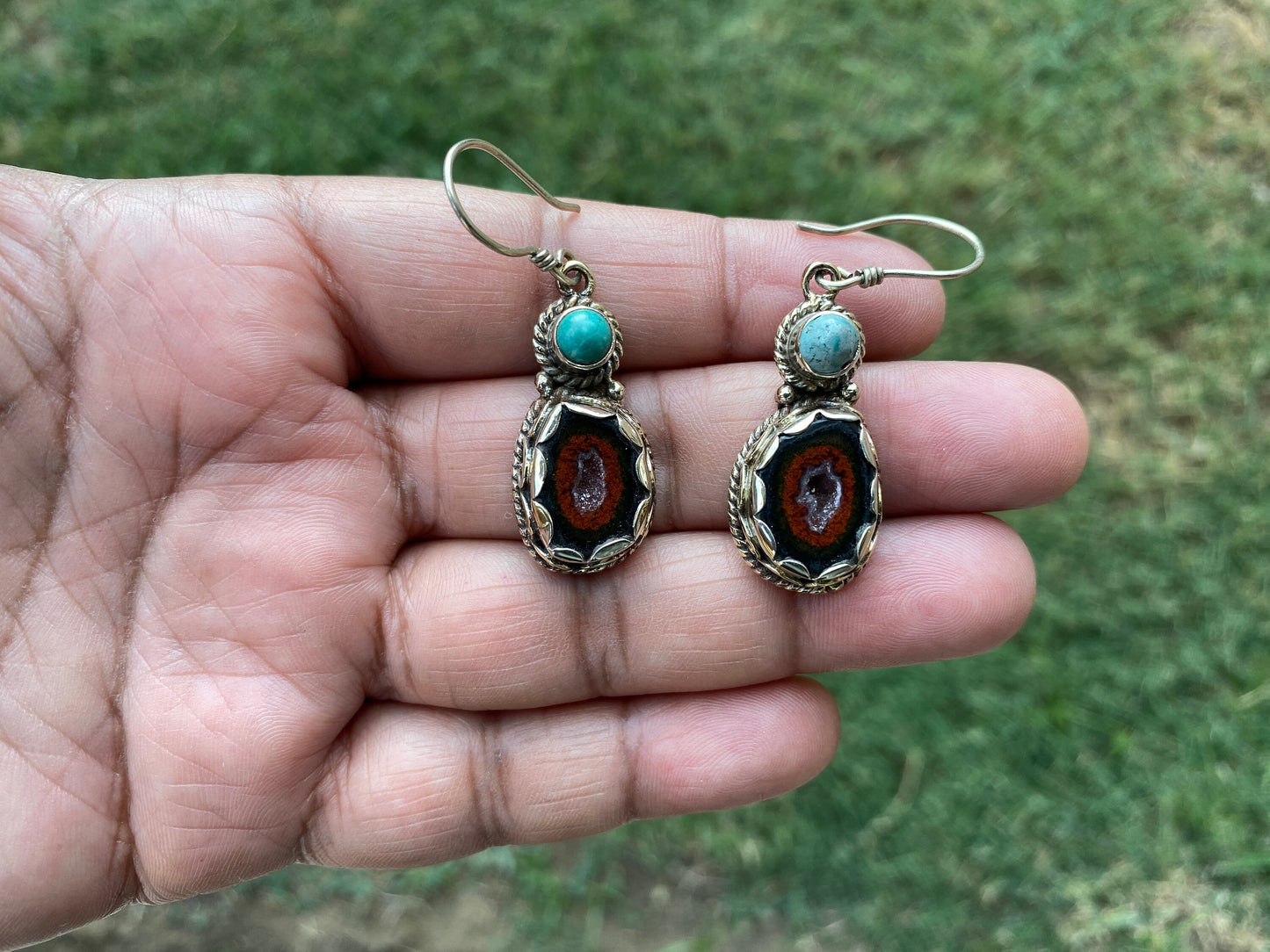 Natural Raw Geode with Turquoise Dangle Earrings, Healing Druzy Agate Drop Earrings, Inner Peace Jewelry, Energy Protection Balance Earrings