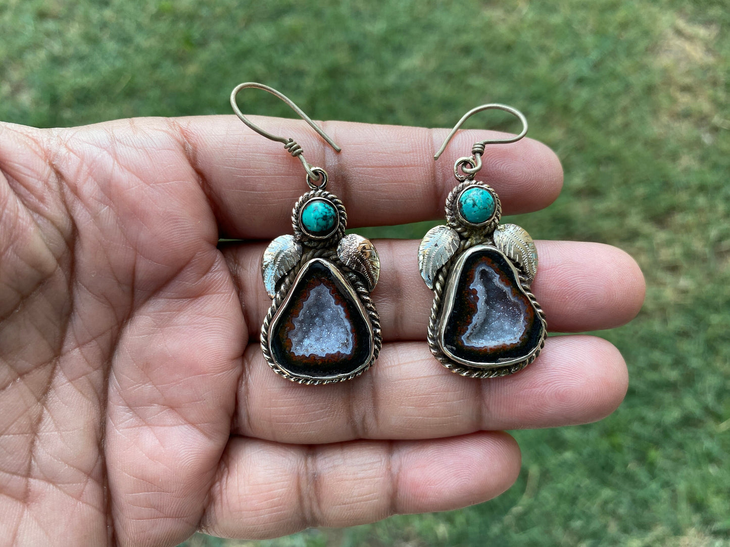 Natural Raw Geode with Turquoise Dangle Earrings, Healing Druzy Agate Drop Earrings, Inner Peace Jewelry, Energy Protection Balance Earrings