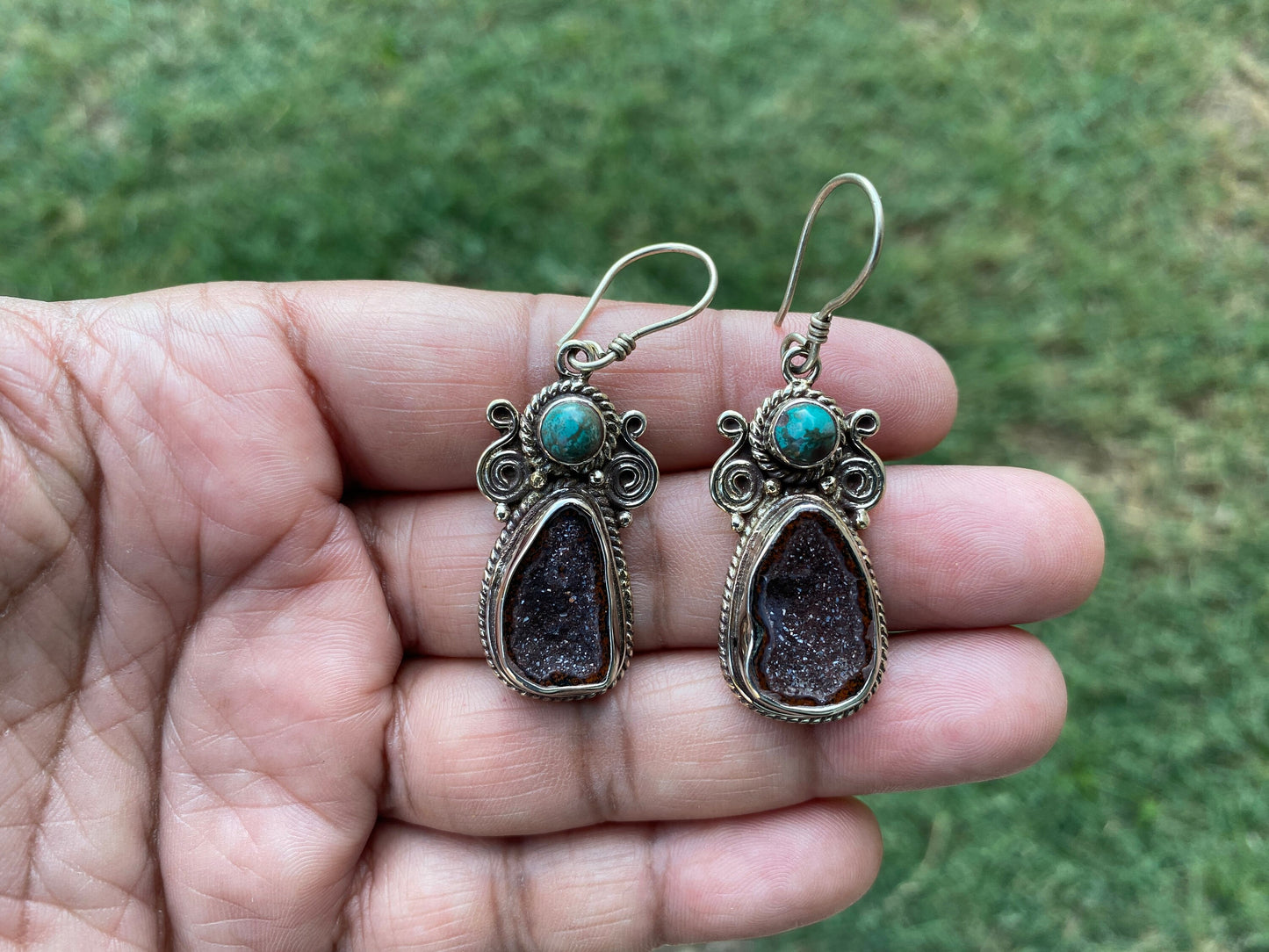 Natural Raw Geode with Turquoise Dangle Earrings, Healing Druzy Agate Drop Earrings, Inner Peace Jewelry, Energy Protection Balance Earrings