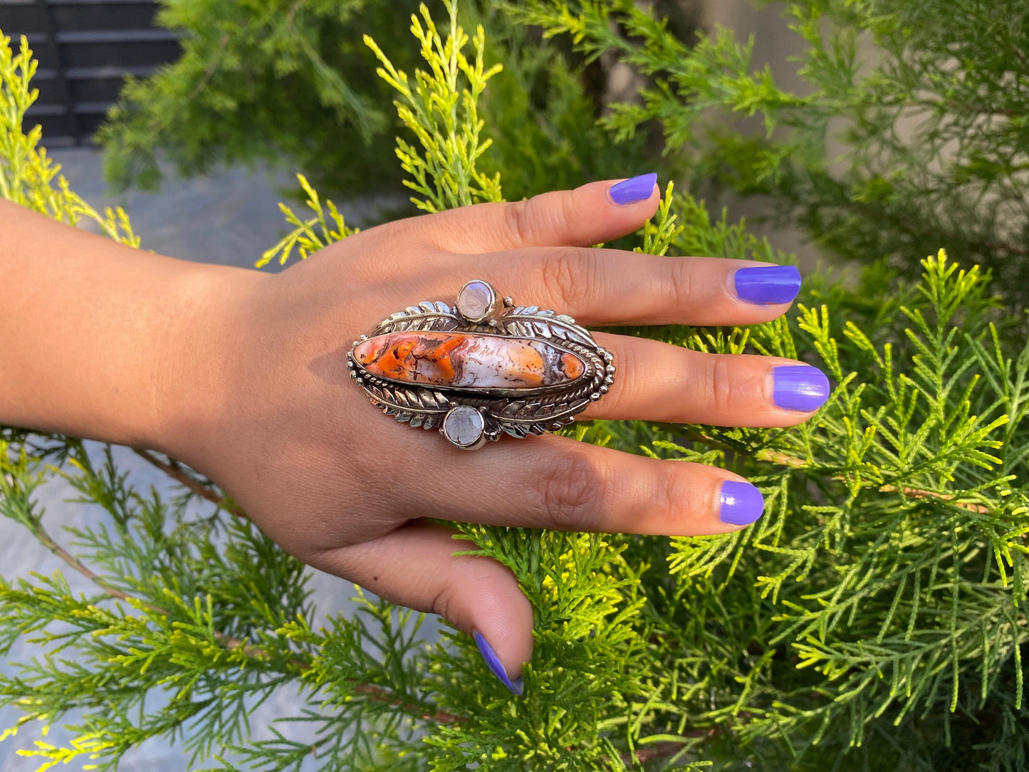 Natural Spiny Oyster Boho Ring, Tibetan Silver, Hammered Ring, For daily use, Healing Ring.