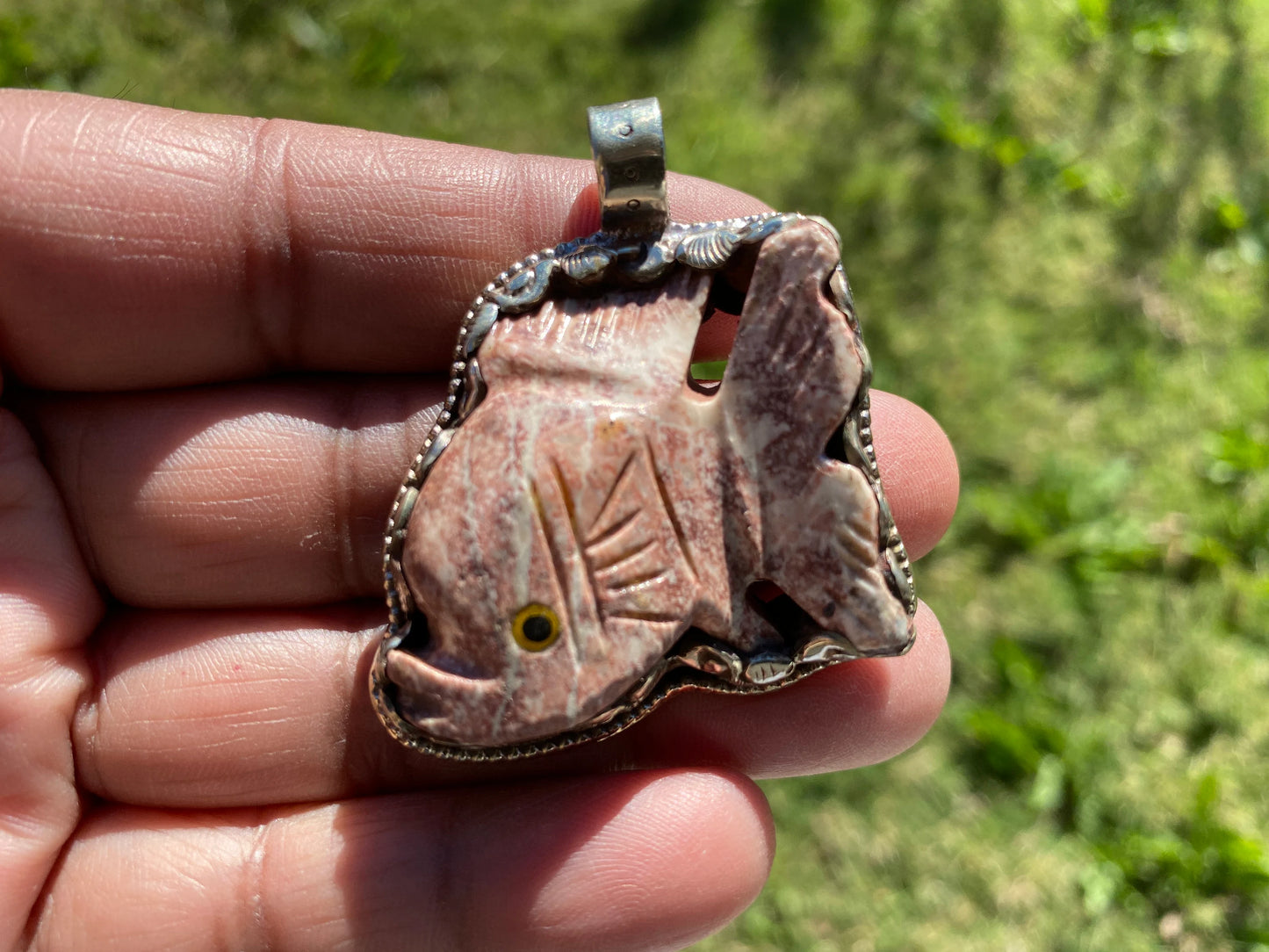Natural Stone Carved Fish Figurine Soapstone Tibetan Silver Pendant, Totem Animal Soapstone, Spirit Animal Gift, Fish Lover Jewelry,