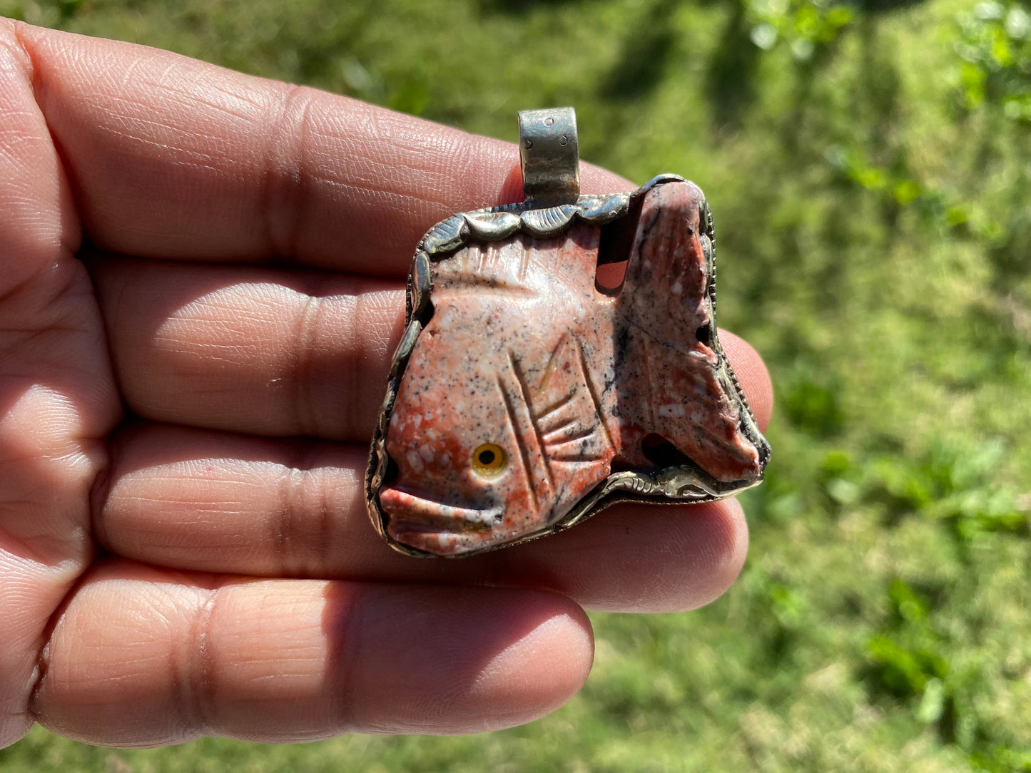 Natural Stone Carved Fish Figurine Soapstone Tibetan Silver Pendant, Totem Animal Soapstone, Spirit Animal Gift, Fish Lover Jewelry,