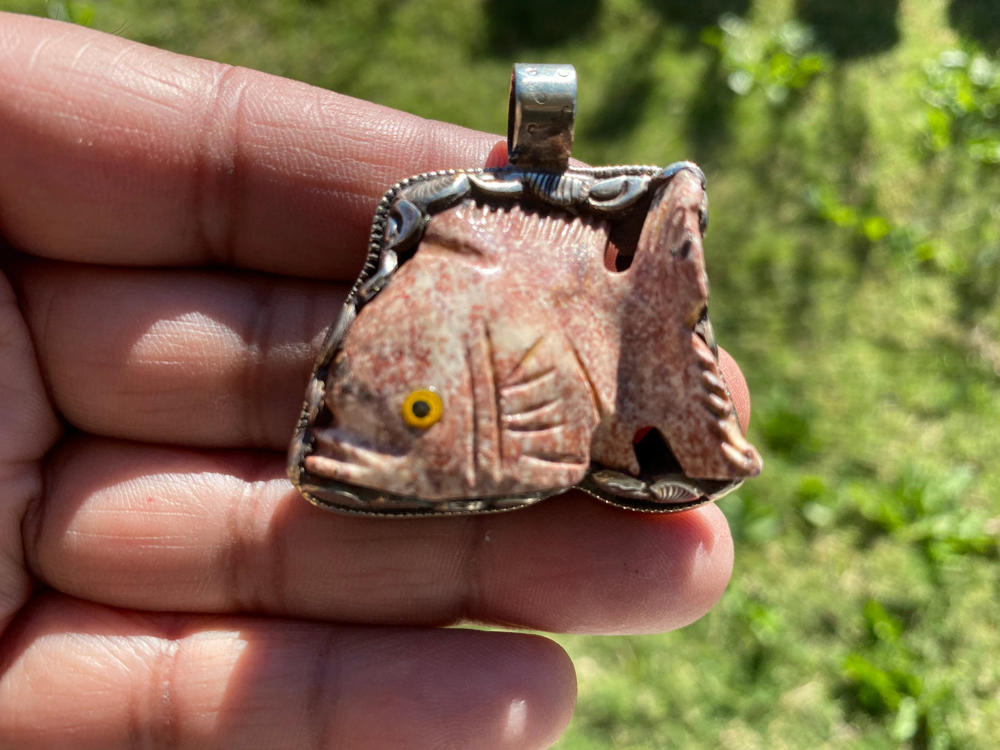 Natural Stone Carved Fish Figurine Soapstone Tibetan Silver Pendant, Totem Animal Soapstone, Spirit Animal Gift, Fish Lover Jewelry,