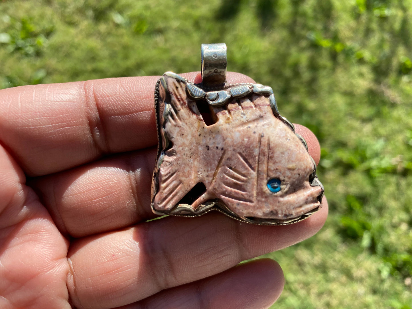 Natural Stone Carved Fish Figurine Soapstone Tibetan Silver Pendant, Totem Animal Soapstone, Spirit Animal Gift, Fish Lover Jewelry,