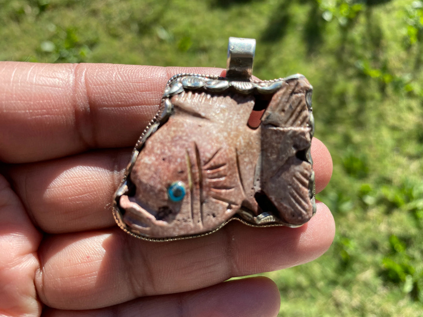 Natural Stone Carved Fish Figurine Soapstone Tibetan Silver Pendant, Totem Animal Soapstone, Spirit Animal Gift, Fish Lover Jewelry,