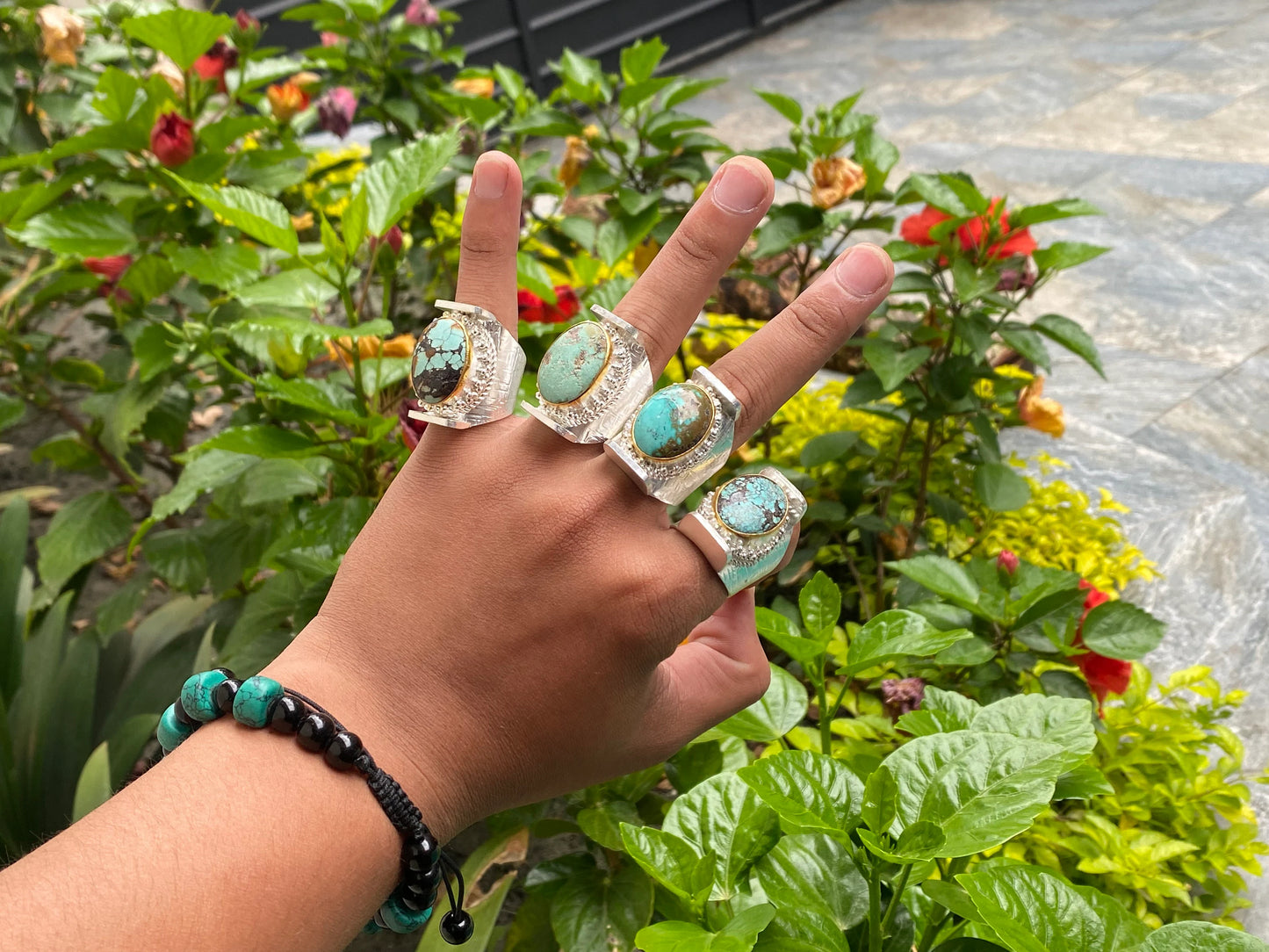 Natural Turquoise Adjustable Ring, Unisex two tone Ring, Gold and silver overlay over Brass, Ring Gift ideas.