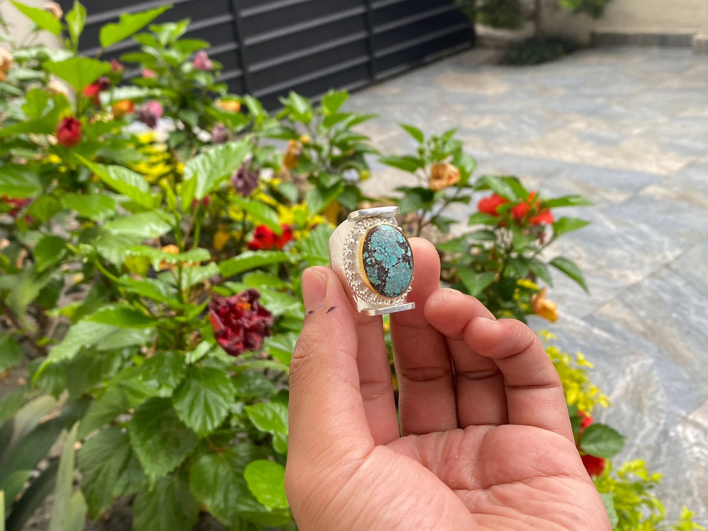Natural Turquoise Adjustable Ring, Unisex two tone Ring, Gold and silver overlay over Brass, Ring Gift ideas.
