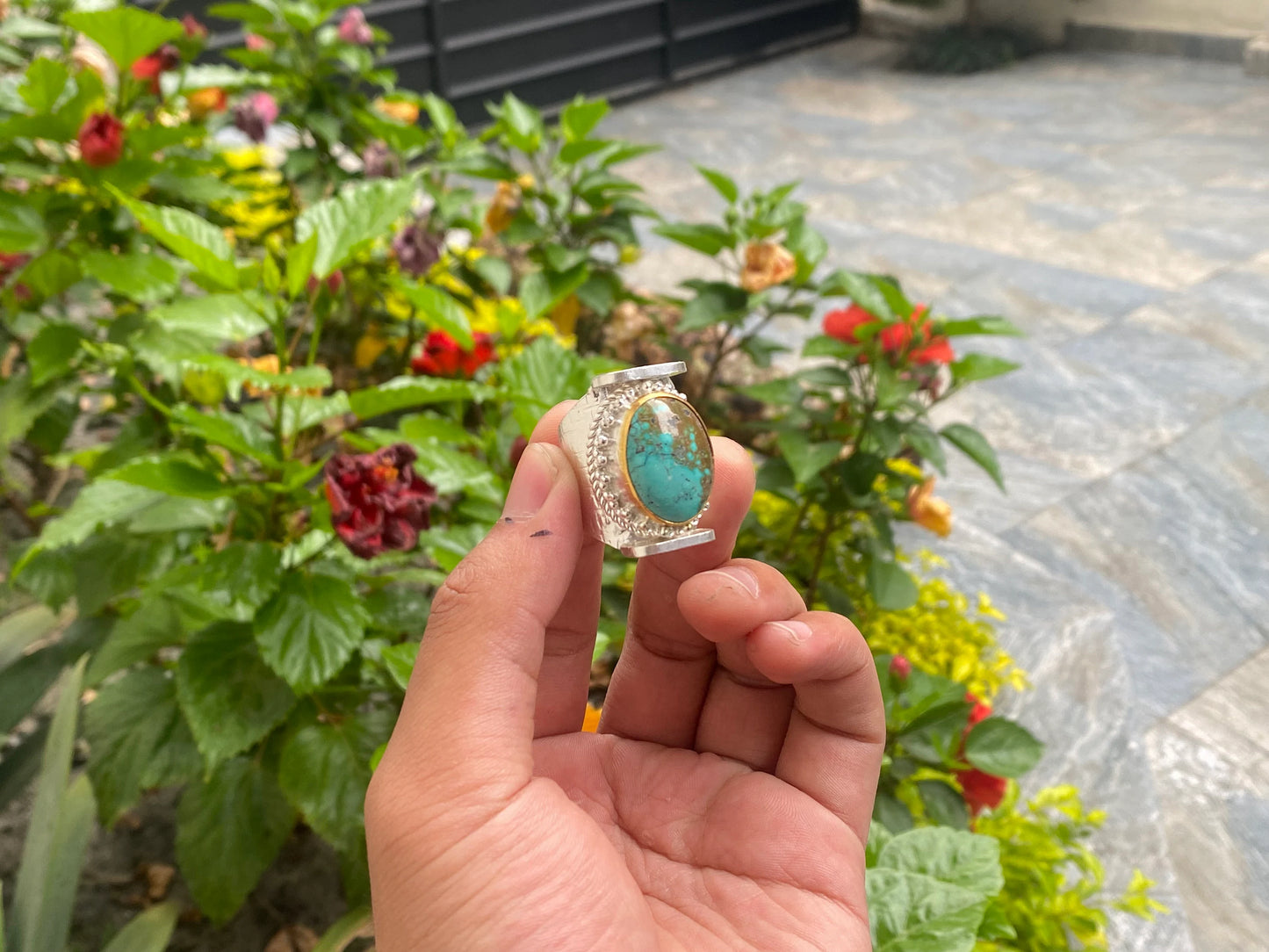 Natural Turquoise Adjustable Ring, Unisex two tone Ring, Gold and silver overlay over Brass, Ring Gift ideas.