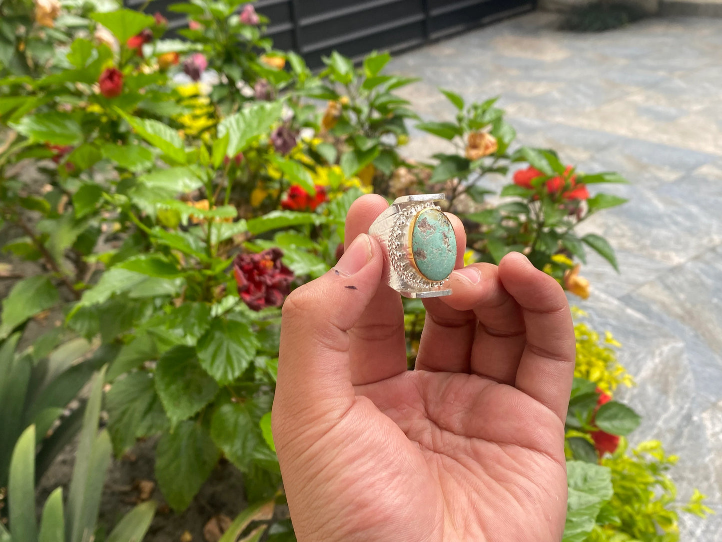 Natural Turquoise Adjustable Ring, Unisex two tone Ring, Gold and silver overlay over Brass, Ring Gift ideas.