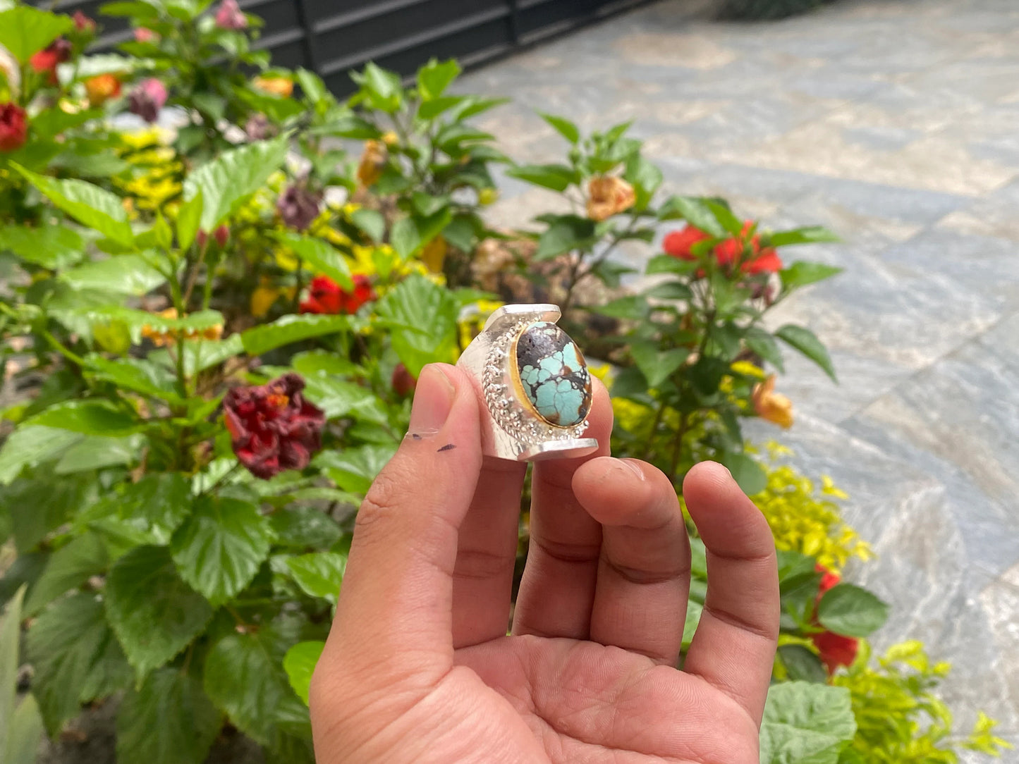 Natural Turquoise Adjustable Ring, Unisex two tone Ring, Gold and silver overlay over Brass, Ring Gift ideas.