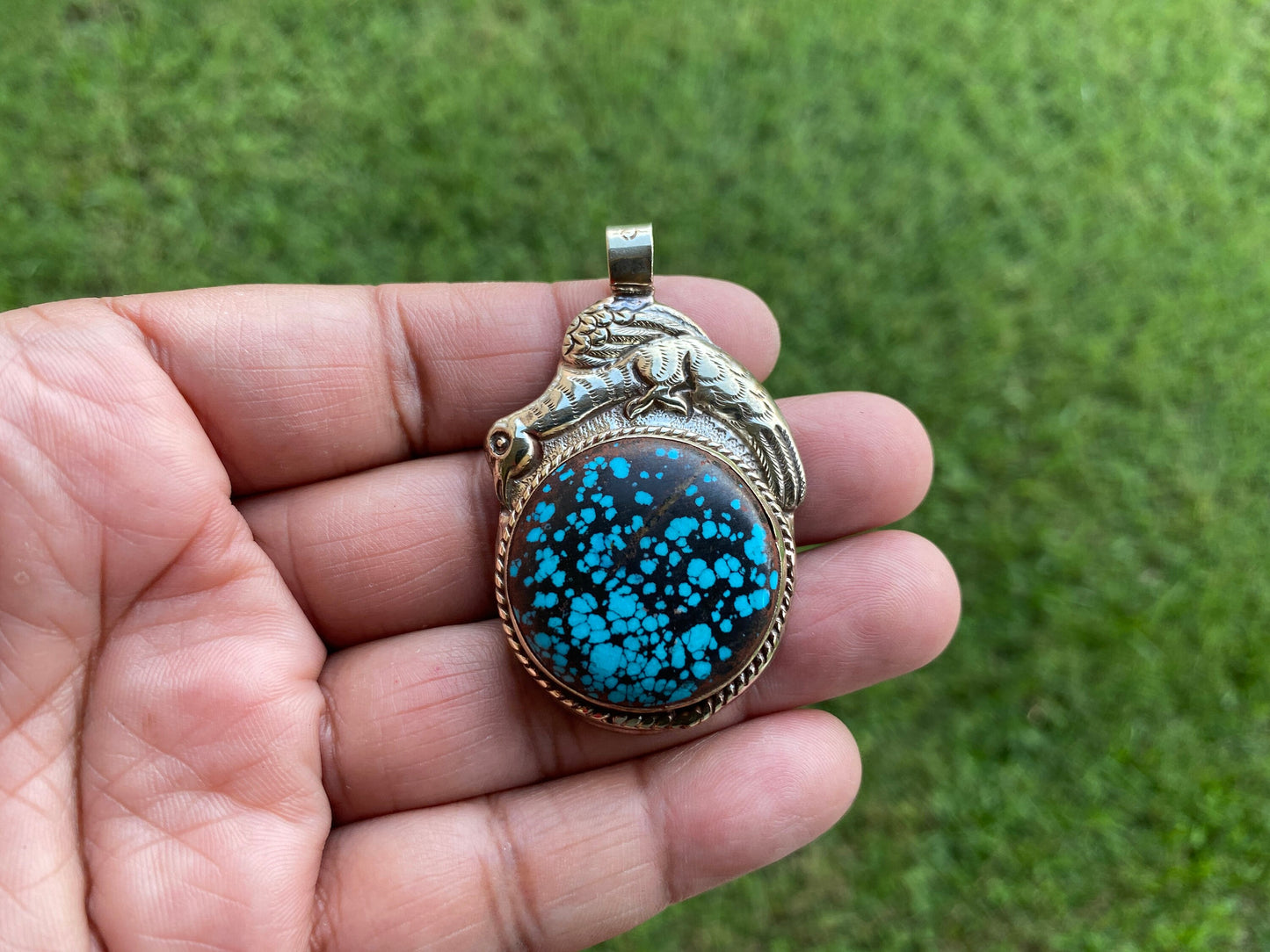Natural Turquoise Stone Tibetan Silver Pendant, Native American Style, Ethnic Tibetan Jewelry, Energy Stone, Birthstone, For Men or Women