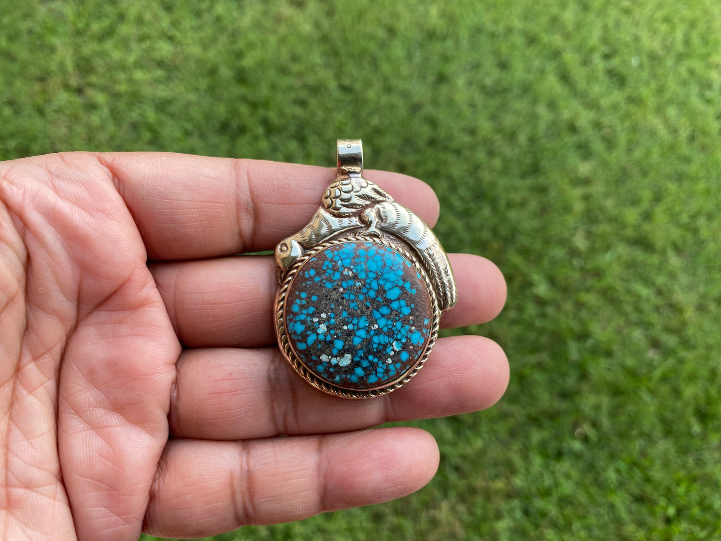 Natural Turquoise Stone Tibetan Silver Pendant, Native American Style, Ethnic Tibetan Jewelry, Energy Stone, Birthstone, For Men or Women